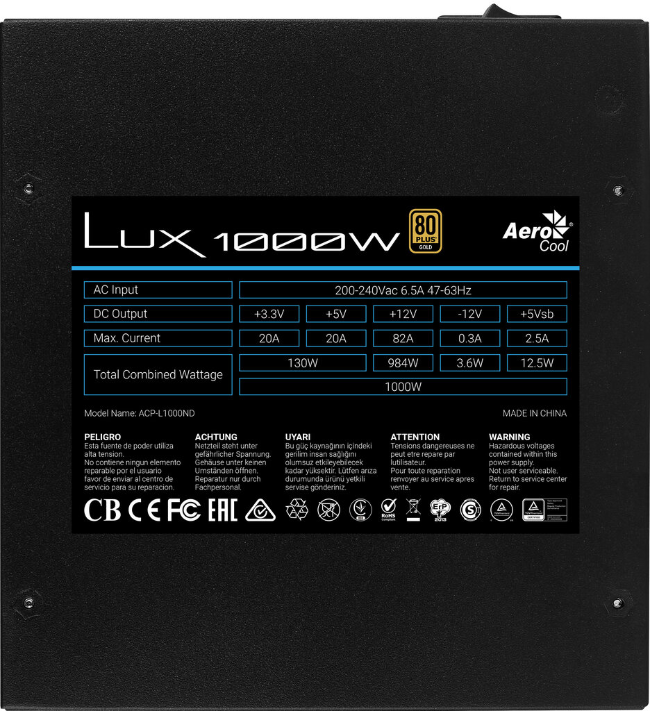 Aerocool AEROLUX-1000-80GOLD cena un informācija | Barošanas bloki (PSU) | 220.lv