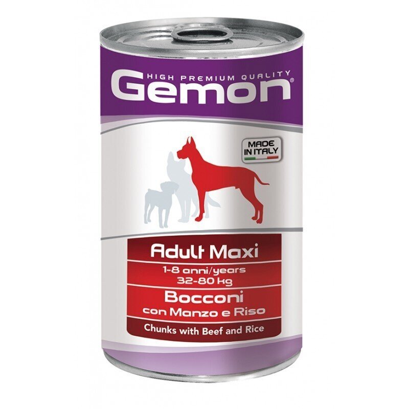 Gemon maxi adult konservēta barība pieaugušiem suņiem ar liellopu gaļu un rīsiem, 1250g cena un informācija | Konservi suņiem | 220.lv