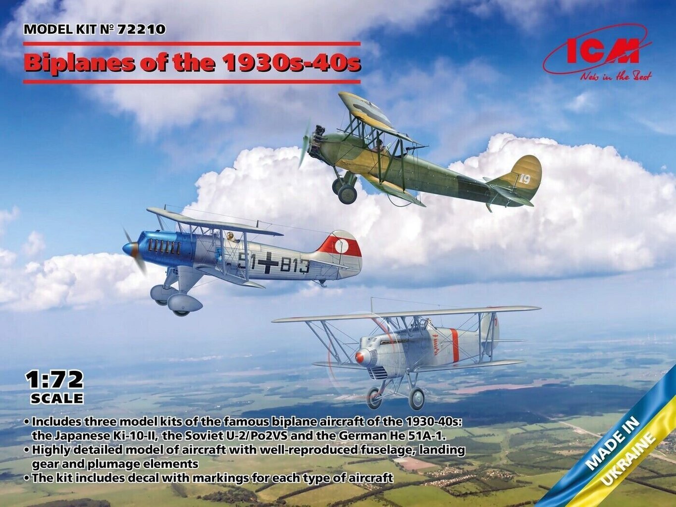 Līmējošais modelis ICM 72210 Biplanes of the 1930s and 1940s Не-51A-1, Ki-10-II, U-2/Po-2VS 1/72 цена и информация | Līmējamie modeļi | 220.lv