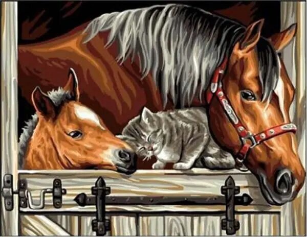 Dimanta mozaīka Zirgi ar kaķi, 40x30 cm cena un informācija | Dimantu mozaīkas | 220.lv