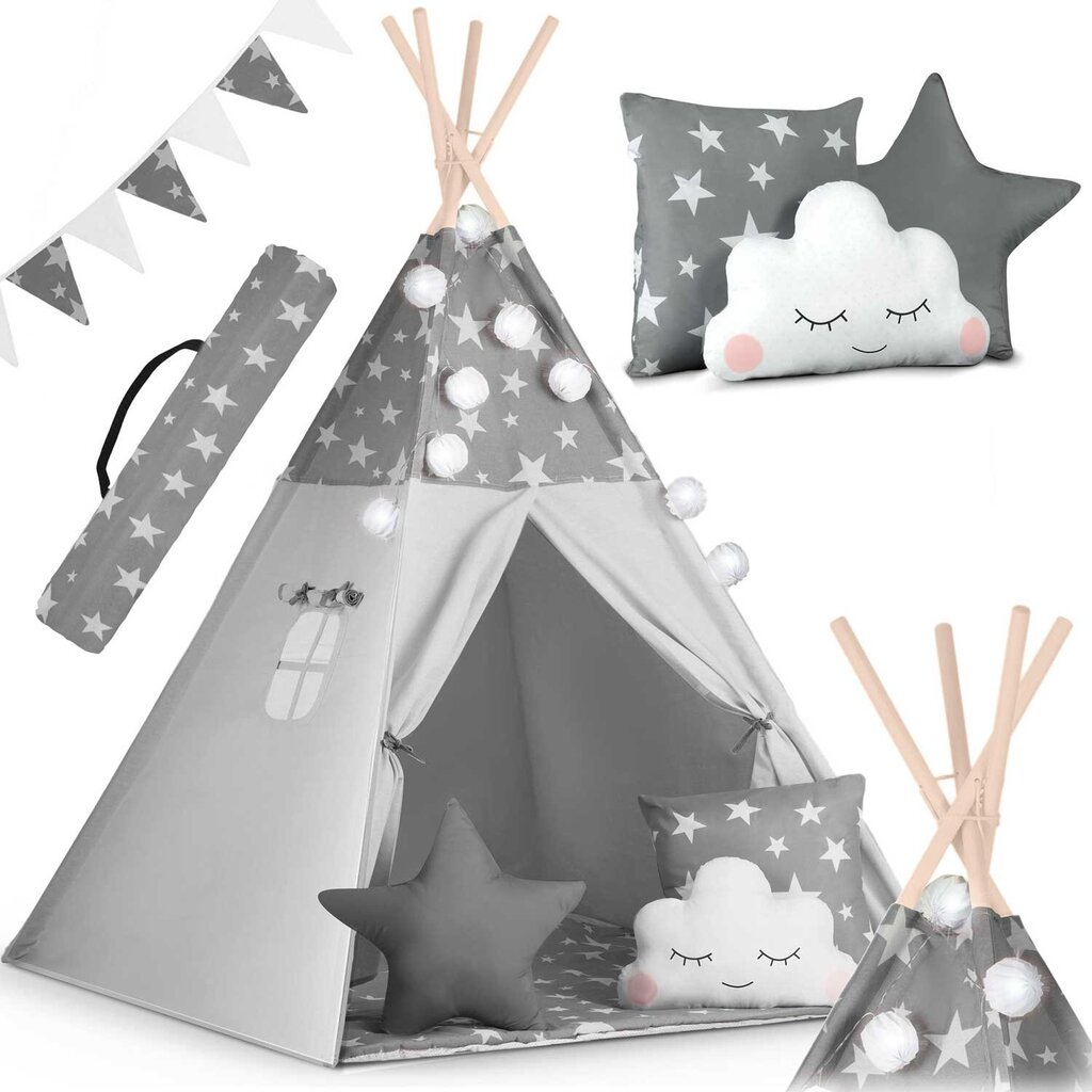 Bērnu telts ar vītni un laternām ar zvaigznītēm. pelēks cena un informācija | Bērnu rotaļu laukumi, mājiņas | 220.lv