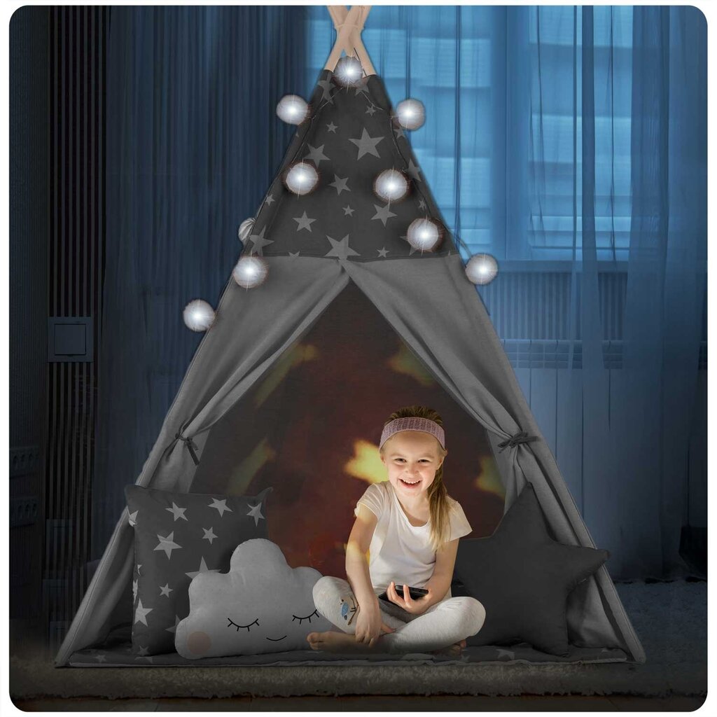Bērnu telts ar vītni un laternām ar zvaigznītēm. pelēks cena un informācija | Bērnu rotaļu laukumi, mājiņas | 220.lv