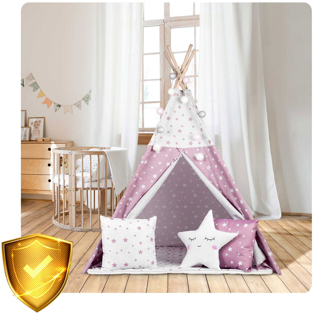 Bērnu telts ar zvaigžņu gaismām, rozā krāsā cena un informācija | Bērnu rotaļu laukumi, mājiņas | 220.lv