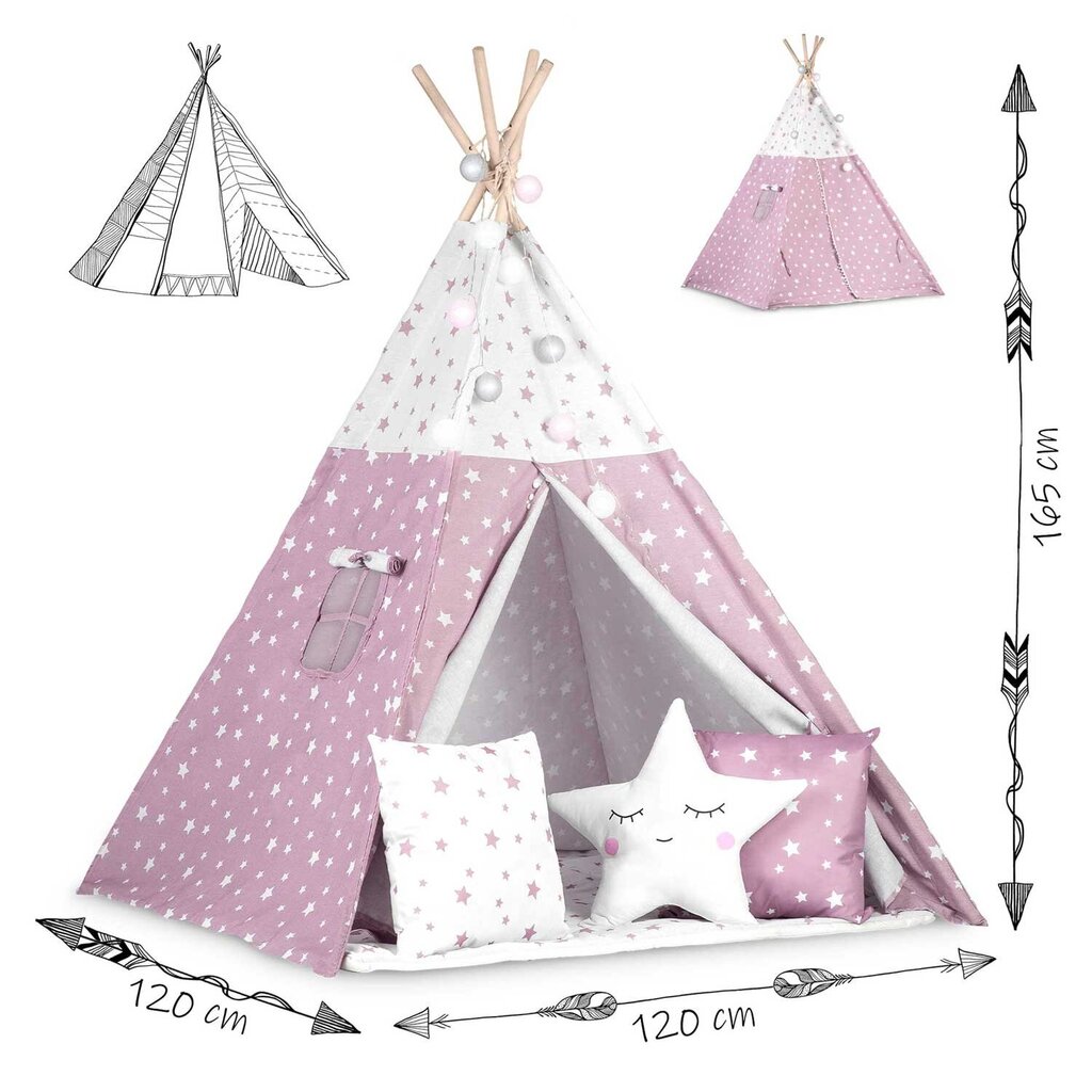 Bērnu telts ar zvaigžņu gaismām, rozā krāsā cena un informācija | Bērnu rotaļu laukumi, mājiņas | 220.lv