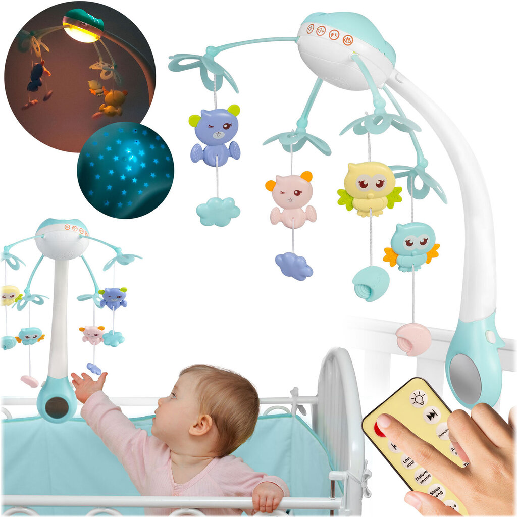 Karuselis ar projektoru bērnu gultai, zils цена и информация | Rotaļlietas zīdaiņiem | 220.lv