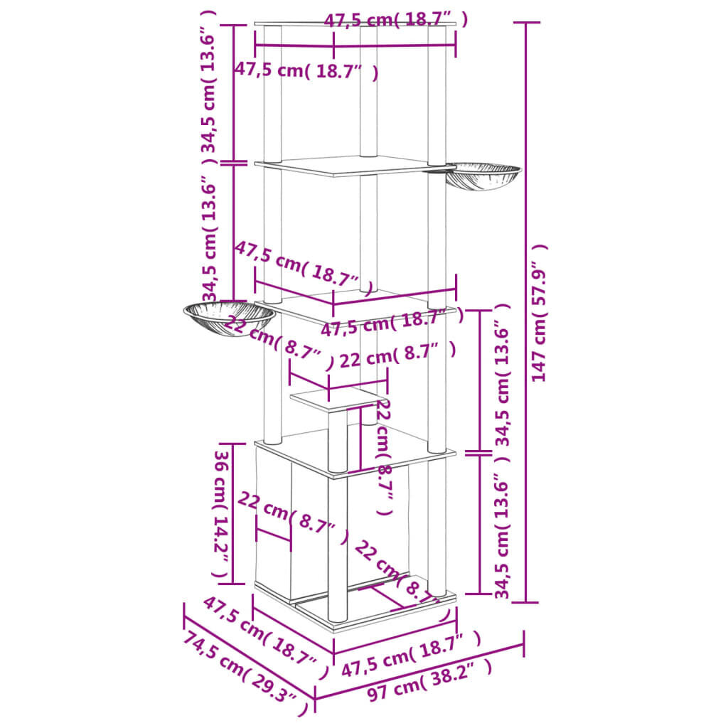 Kaķu māja vidaXL, 147 cm, pelēka cena un informācija | Kaķu mājas, nagu asināmie | 220.lv