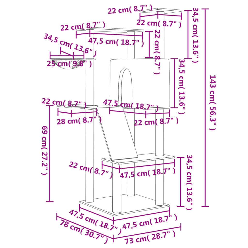 Kaķu māja vidaXL, 143 cm, pelēka cena un informācija | Kaķu mājas, nagu asināmie | 220.lv