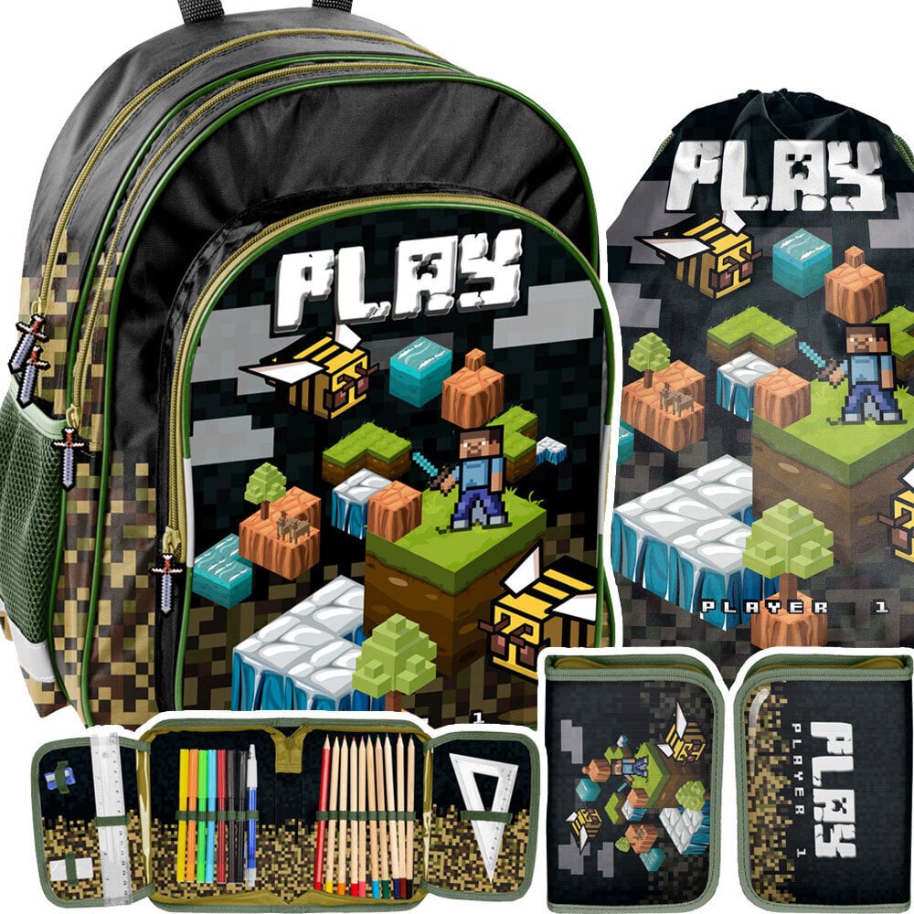 Skolas mugursoma ar piederumiem Paso Minecraft PP22GM-090, 3 daļas cena un informācija | Skolas somas | 220.lv