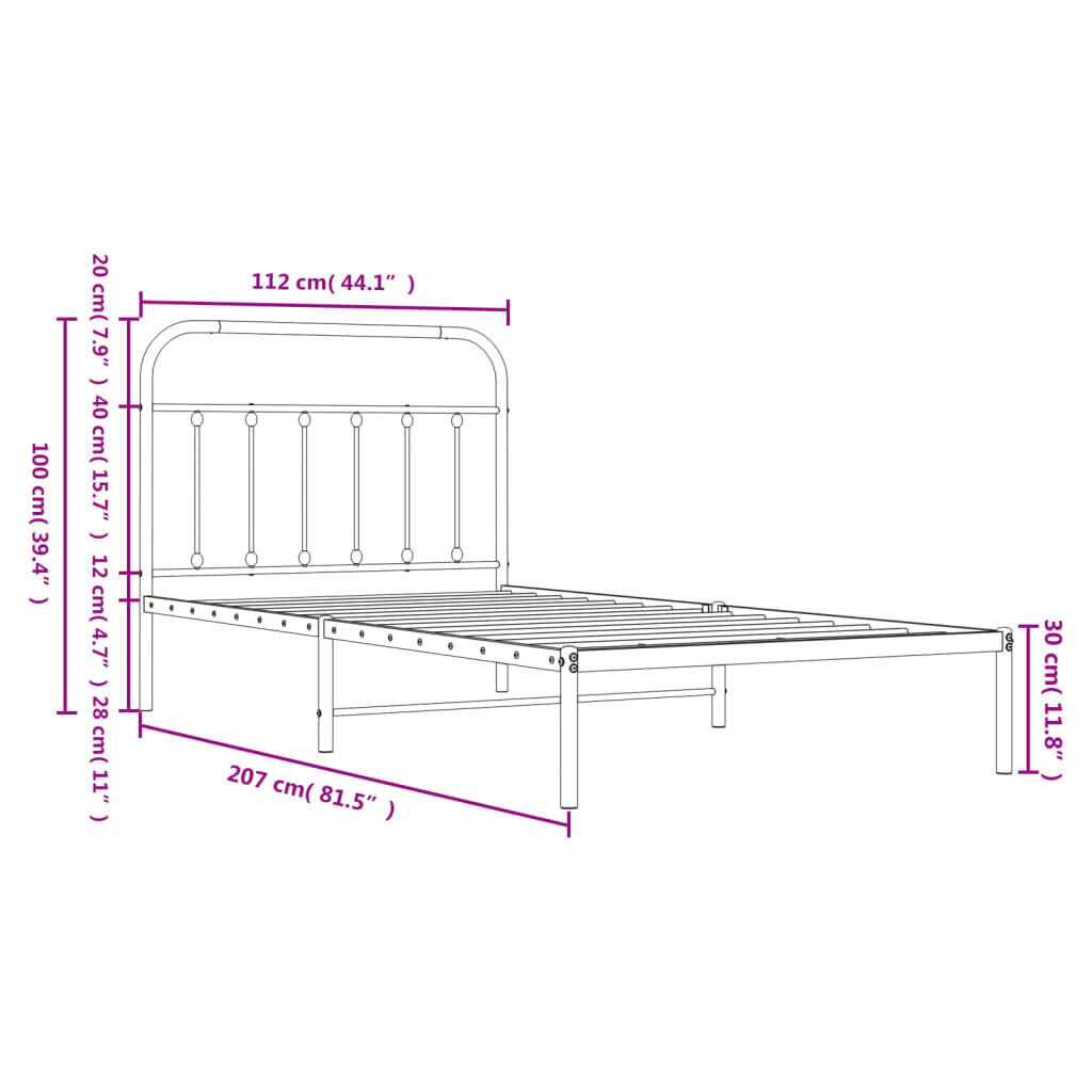 vidaXL gultas rāmis ar galvgali, melns metāls, 107x203 cm cena un informācija | Gultas | 220.lv