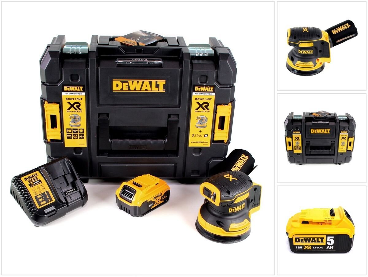 Akumulatora orbitālā slīpmašīna DeWalt DCW 210 P1 18V, ar akumulatoru un lādētāju cena un informācija | Slīpmašīnas | 220.lv