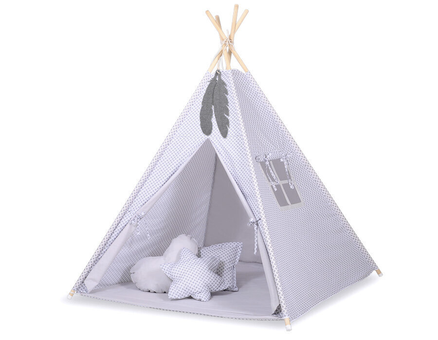 Tipi telts bērniem ar spalvu piekariņiem Bobon, pelēka cena un informācija | Bērnu rotaļu laukumi, mājiņas | 220.lv