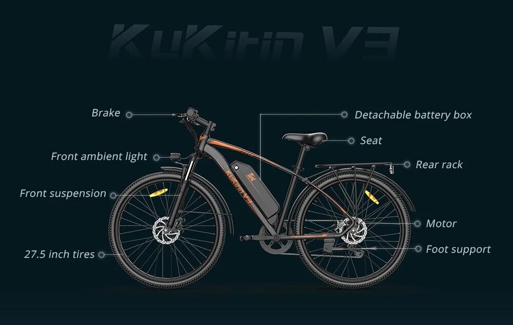 Elektriskais velosipēds KuKirin V3, 27,5", melns, 350W, 15Ah cena un informācija | Elektrovelosipēdi | 220.lv