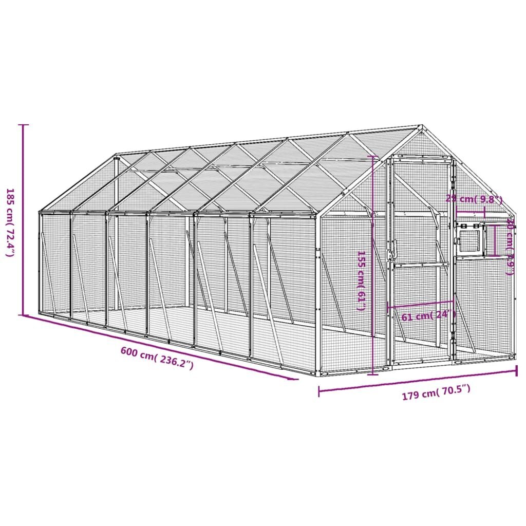 Putnu māja vidaXL, 1,79x6x1,85 m, pelēka cena un informācija | Putnu būri un barotavas | 220.lv