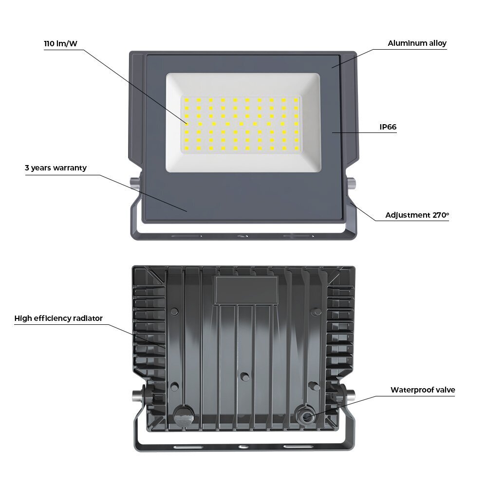 Prožektors LED Aspire Forever Light 50W 6000K, pelēks cena un informācija | Āra apgaismojums | 220.lv