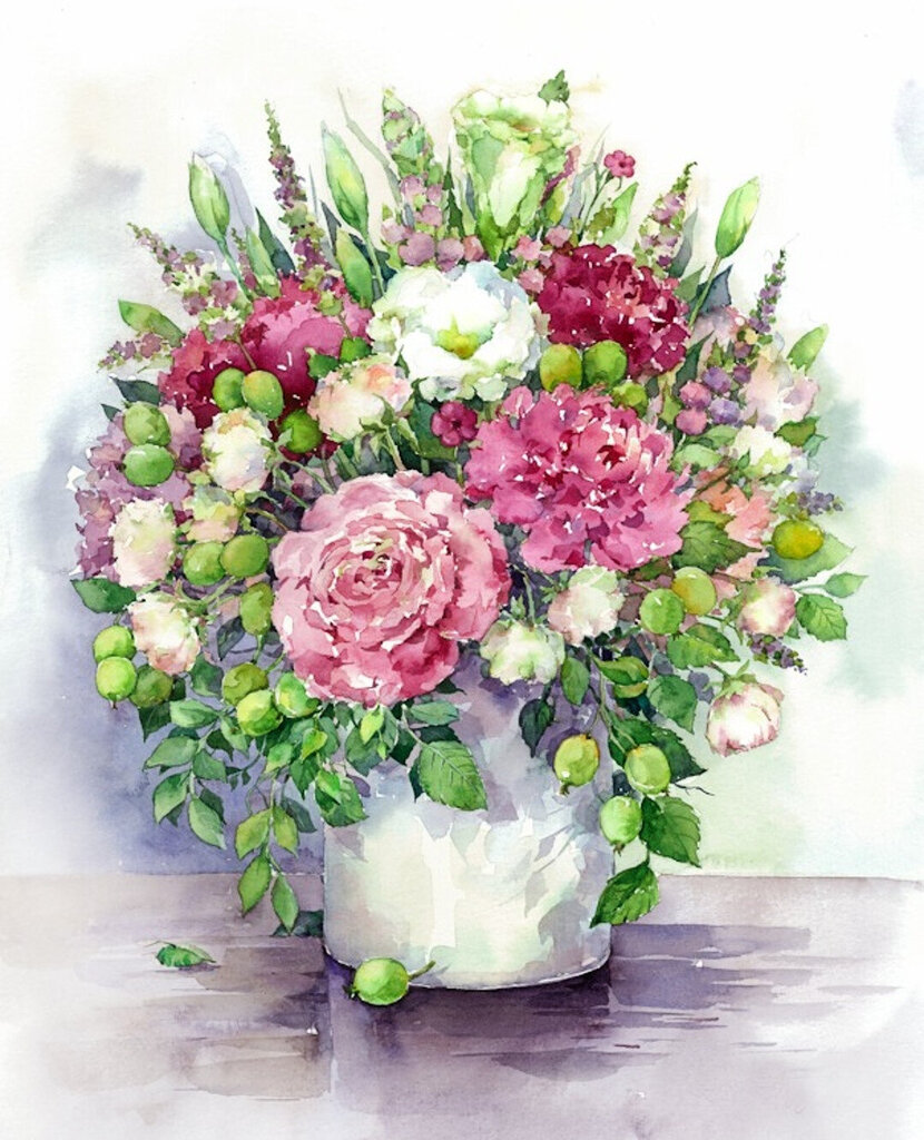 Dimantu mozaīkas komplekts uz rāmja TM Varvikas - Bright peonies with green fruits in a white vase LG025e 40x50 cm cena un informācija | Dimantu mozaīkas | 220.lv