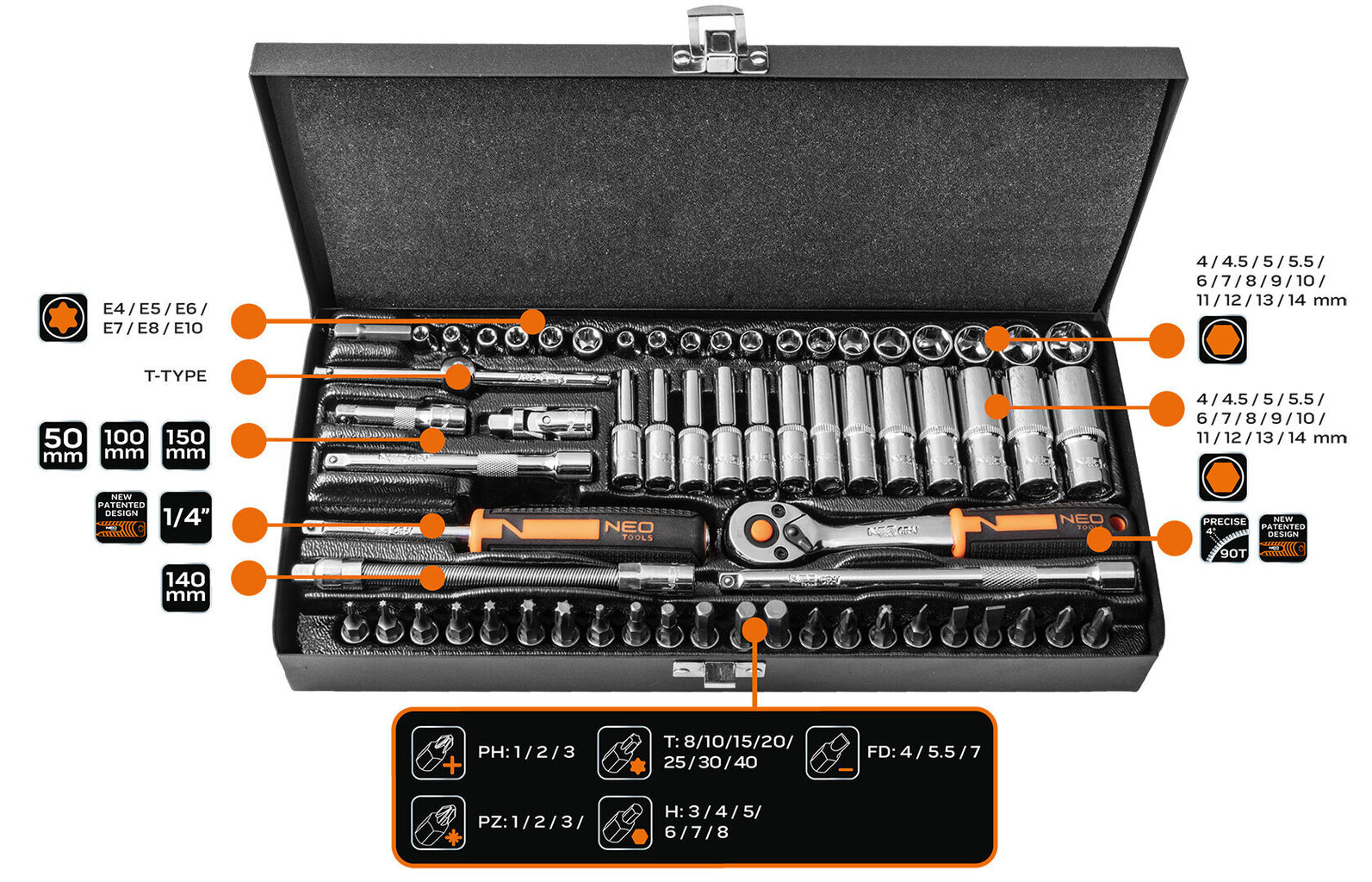 Uzgriežņu atslēgu komplekts Neo 10-008, 63 gab. цена и информация | Rokas instrumenti | 220.lv