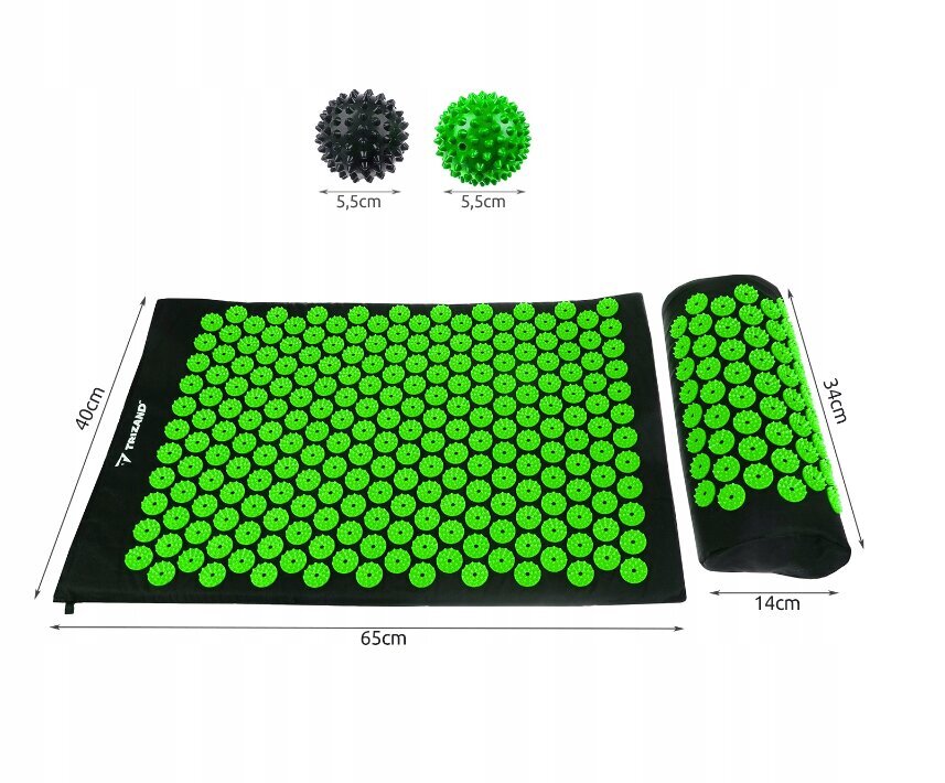 Akupunktūras masāžas paklājiņš ar spilvenu, divām bumbiņām un somiņu, zaļš cena un informācija | Masāžas piederumi | 220.lv