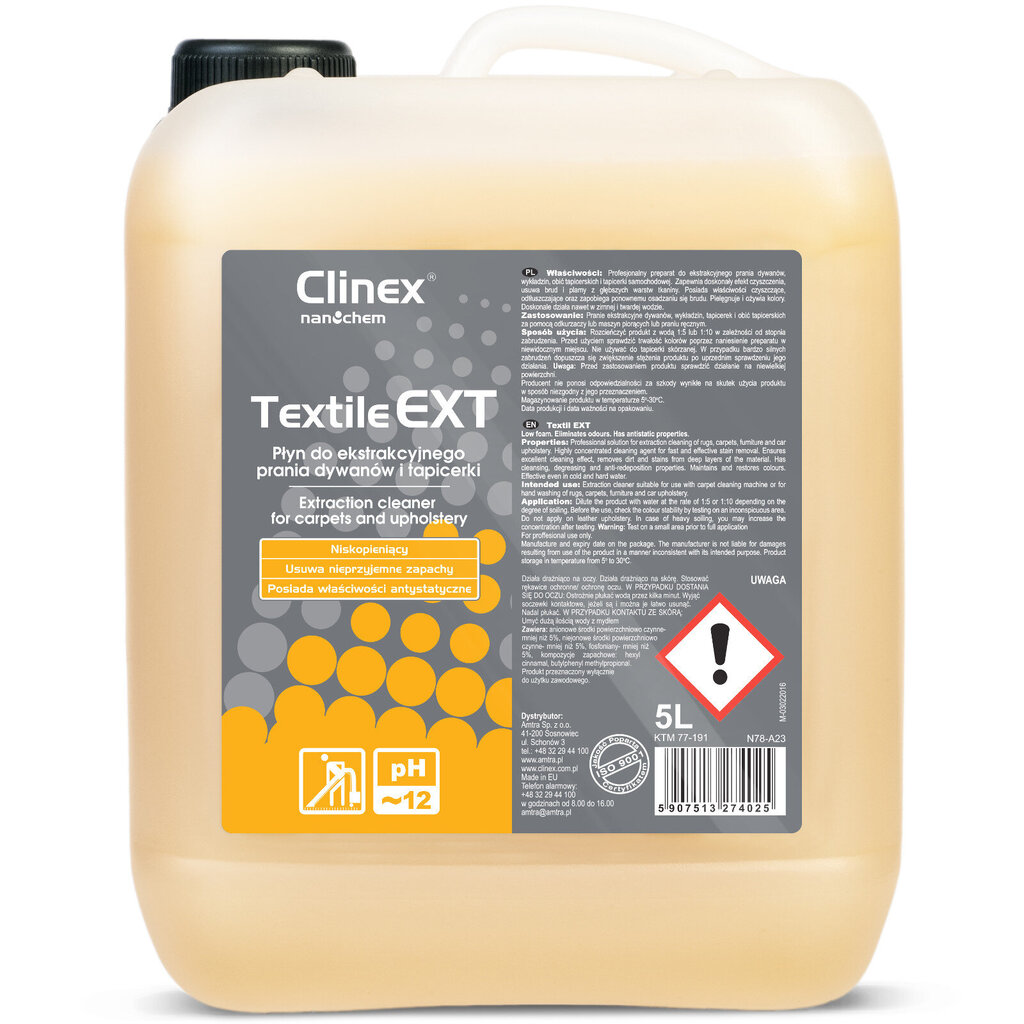 Šķidrums paklāju un polsterējuma mazgāšanai ar mašīnu un manuāli CLINEX Textile EXT 5L цена и информация | Tīrīšanas līdzekļi | 220.lv