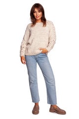 BK090 Džemperis ar platu kakla izgriezumu un bizēm uz piedurknēm - bēšs cena un informācija | Sieviešu džemperi | 220.lv