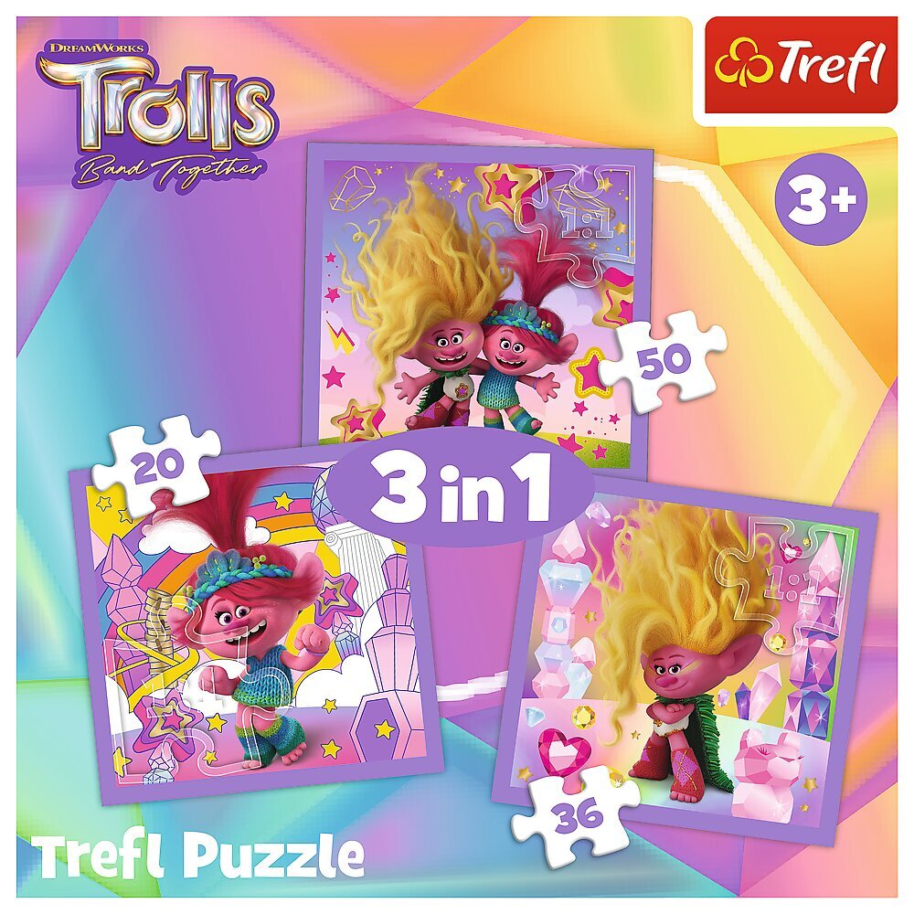 Pužļu komplekts 3in1 Troļļi Trefl cena un informācija | Puzles, 3D puzles | 220.lv