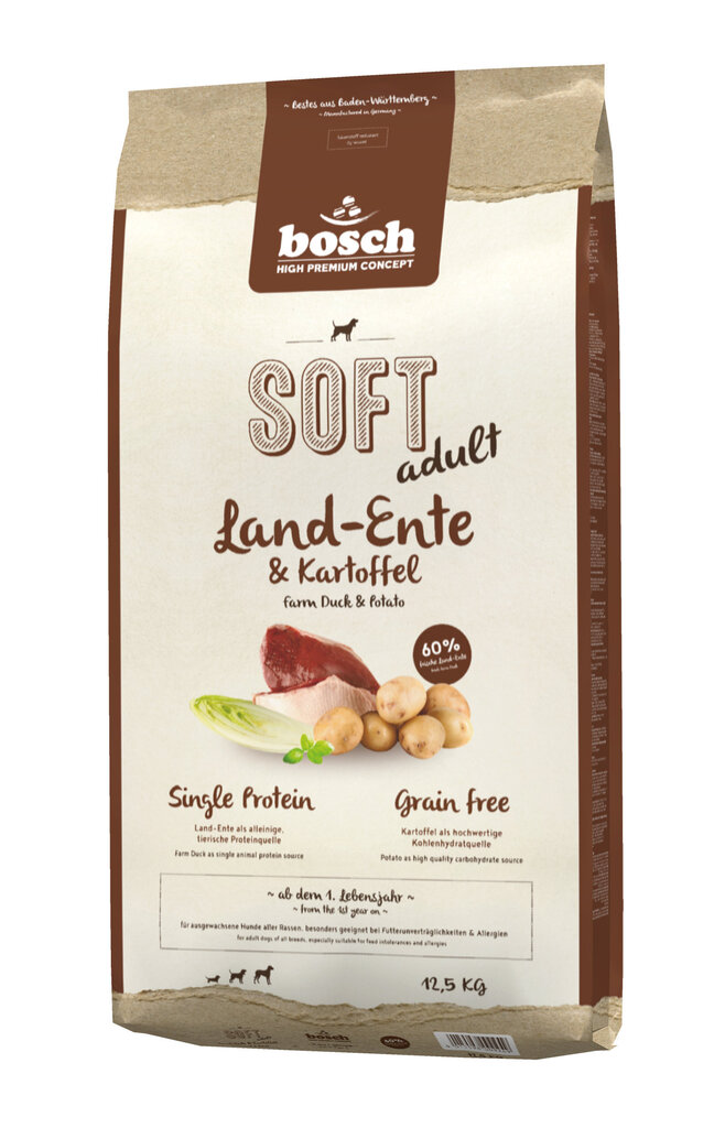 Bosch Petfood Plus HPC Soft+ Farm Duck (ar mājas pīles gaļu) 12,5kg cena un informācija | Sausā barība suņiem | 220.lv