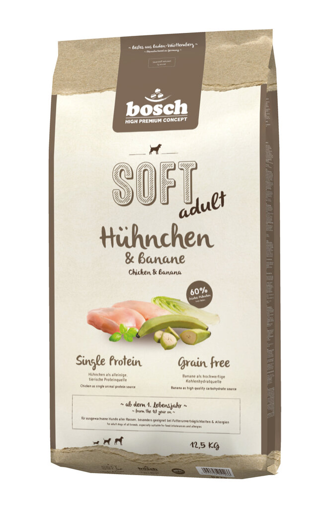 Bosch Petfood Plus HPC Soft+ Chicken & Banana graudiem (olbaltumviela) 12,5kg cena un informācija | Sausā barība suņiem | 220.lv