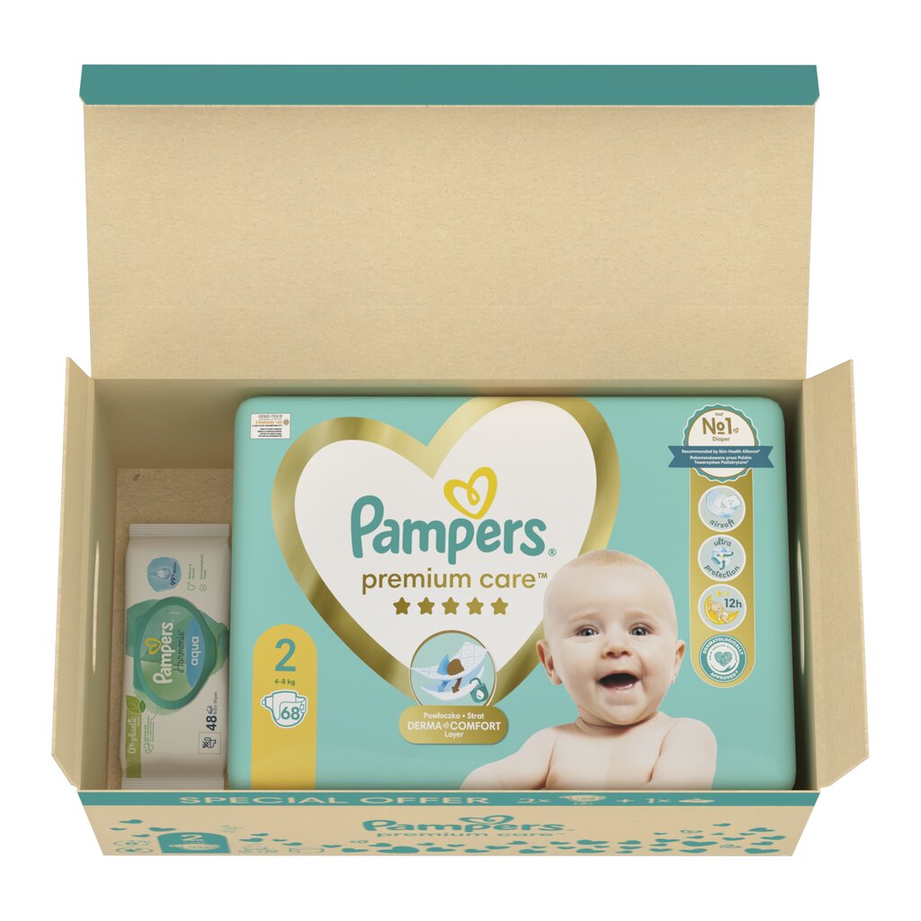 Autiņbiksītes Pampers Premium Care, 4–8 kg, 136gab. + mitrās salvetes cena un informācija | Autiņbiksītes | 220.lv