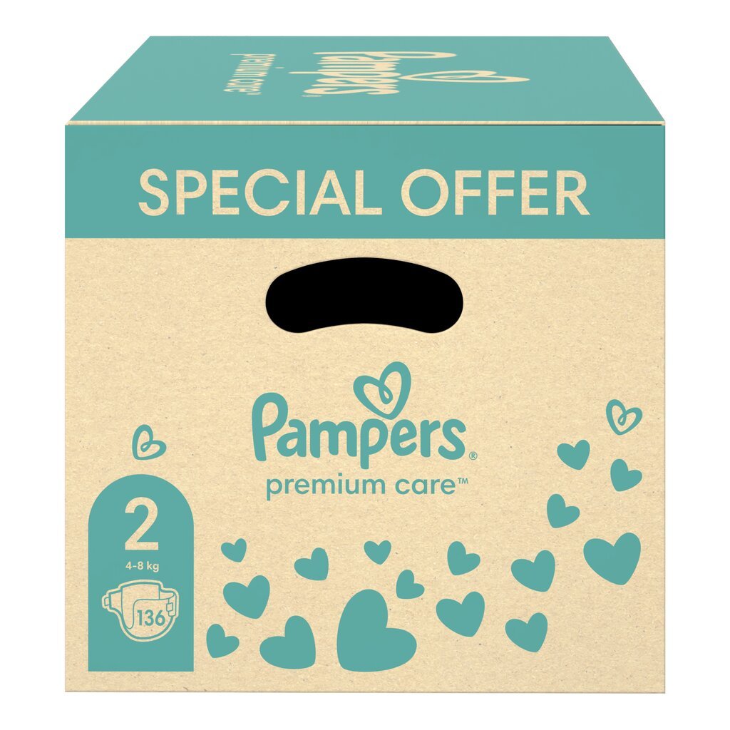 Autiņbiksītes Pampers Premium Care, 4–8 kg, 136gab. + mitrās salvetes cena un informācija | Autiņbiksītes | 220.lv