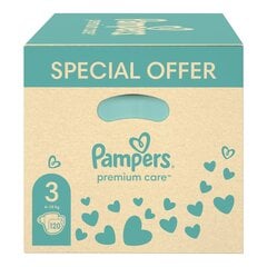 Autiņbiksītes Pampers Premium Care, 6–10 kg, 120gab. + mitrās salvetes cena un informācija | Autiņbiksītes | 220.lv