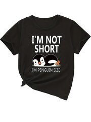 Melns kokvilnas t-krekls ar jautru uzrakstu "I am not short, I am penguin size" cena un informācija | T-krekli sievietēm | 220.lv