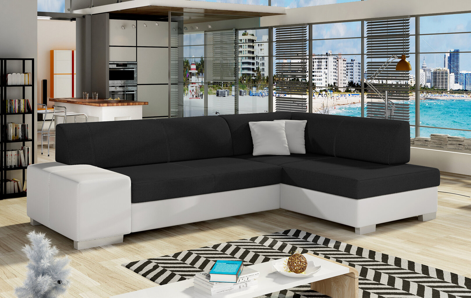 Stūra dīvāns Fabio, melns/balts цена и информация | Stūra dīvāni | 220.lv