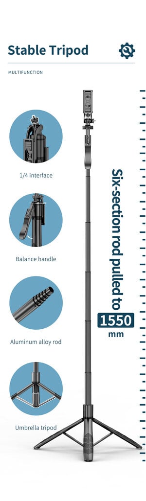 360 grādu panorāmas pašbildes nūja ar tālvadības pulti un statīvu, Livman L16 (selfie stick) cena un informācija | Selfie Sticks | 220.lv