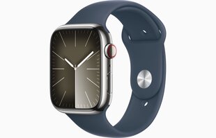 Apple Watch Series 9 GPS + Cellular 41mm Silver Stainless Steel Case with Storm Blue Sport Band - S/M MRJ23ET/A cena un informācija | Viedpulksteņi (smartwatch) | 220.lv