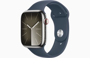 Apple Watch Series 9 GPS + Cellular 45mm Silver Stainless Steel Case with Storm Blue Sport Band - M/L MRMP3ET/A cena un informācija | Viedpulksteņi (smartwatch) | 220.lv