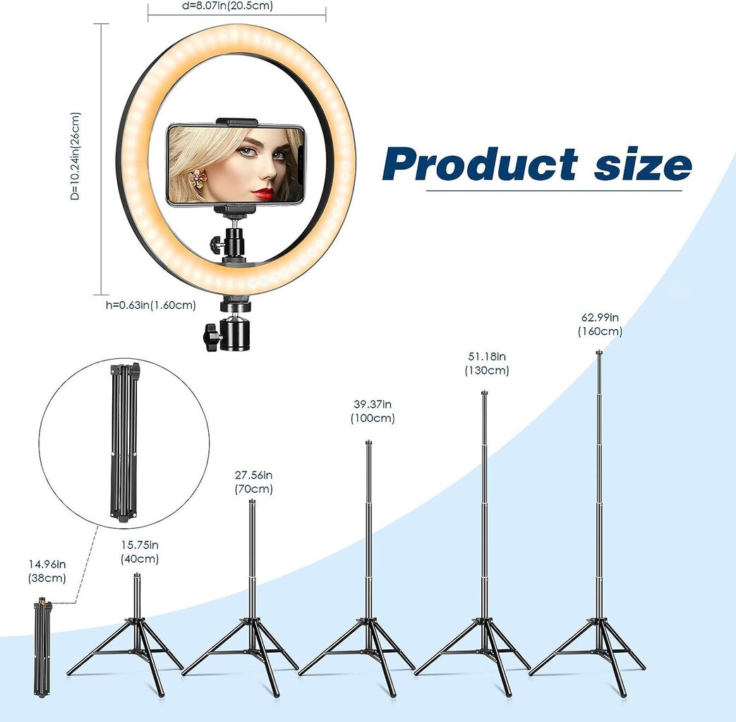 LED gredzenu gaisma ar 1,6 m statīvu un tālruņa turētāju, Livman, X-409-10H (ring light) cena un informācija | Apgaismojums fotografēšanai | 220.lv