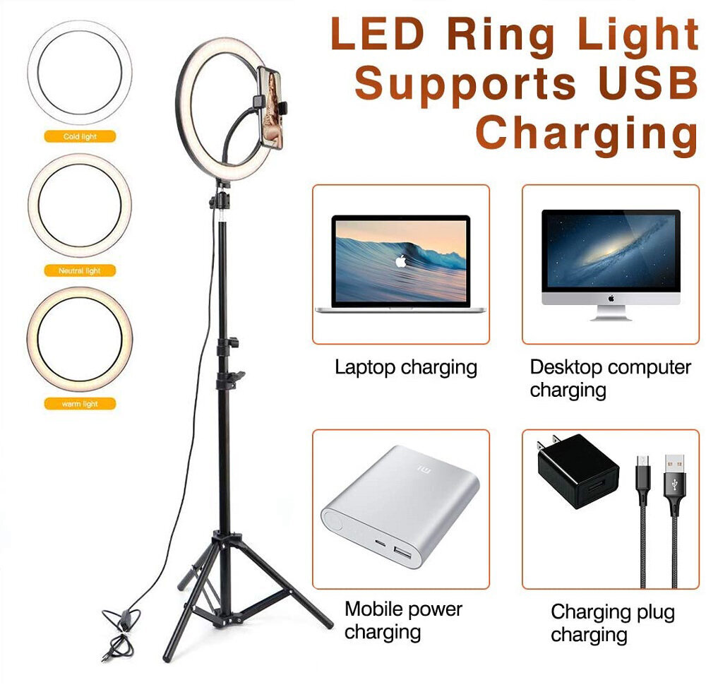 LED gredzenu gaisma ar 1,6 m statīvu un tālruņa turētāju, Livman, X-409-10H (ring light) cena un informācija | Apgaismojums fotografēšanai | 220.lv