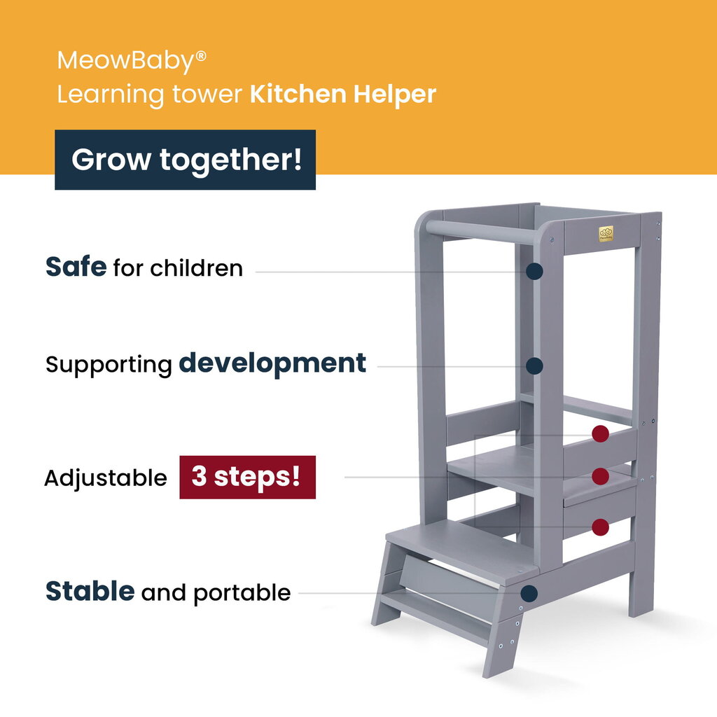 MeowBaby® Montessori virtuves palīgs koka mācību/novērošanas tornis, balts cena un informācija | Bērnu krēsliņi un bērnu galdiņi | 220.lv