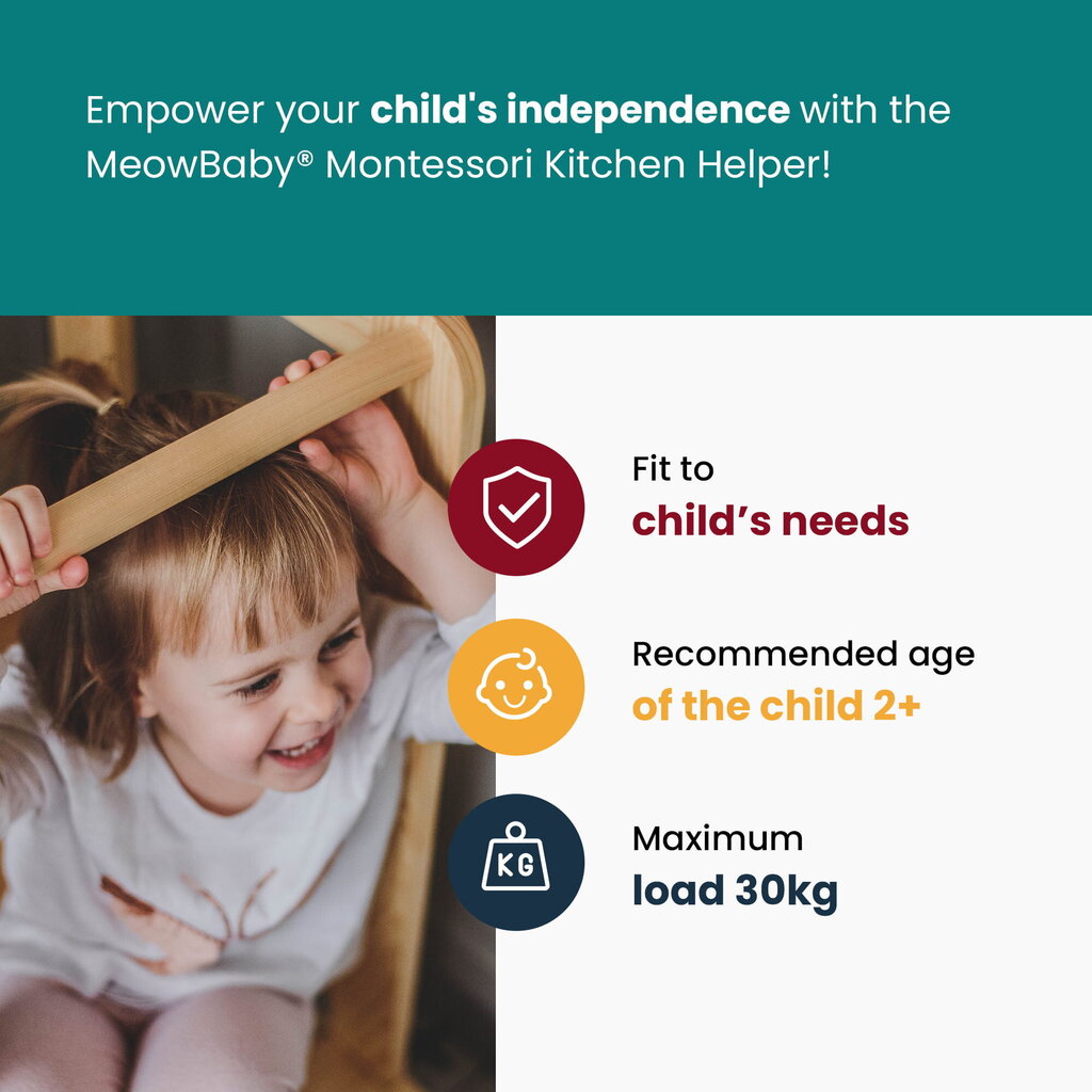 MeowBaby® Montessori koka mācību tornis, balts ar dabīgiem elementiem, bez dēļa cena un informācija | Bērnu krēsliņi un bērnu galdiņi | 220.lv
