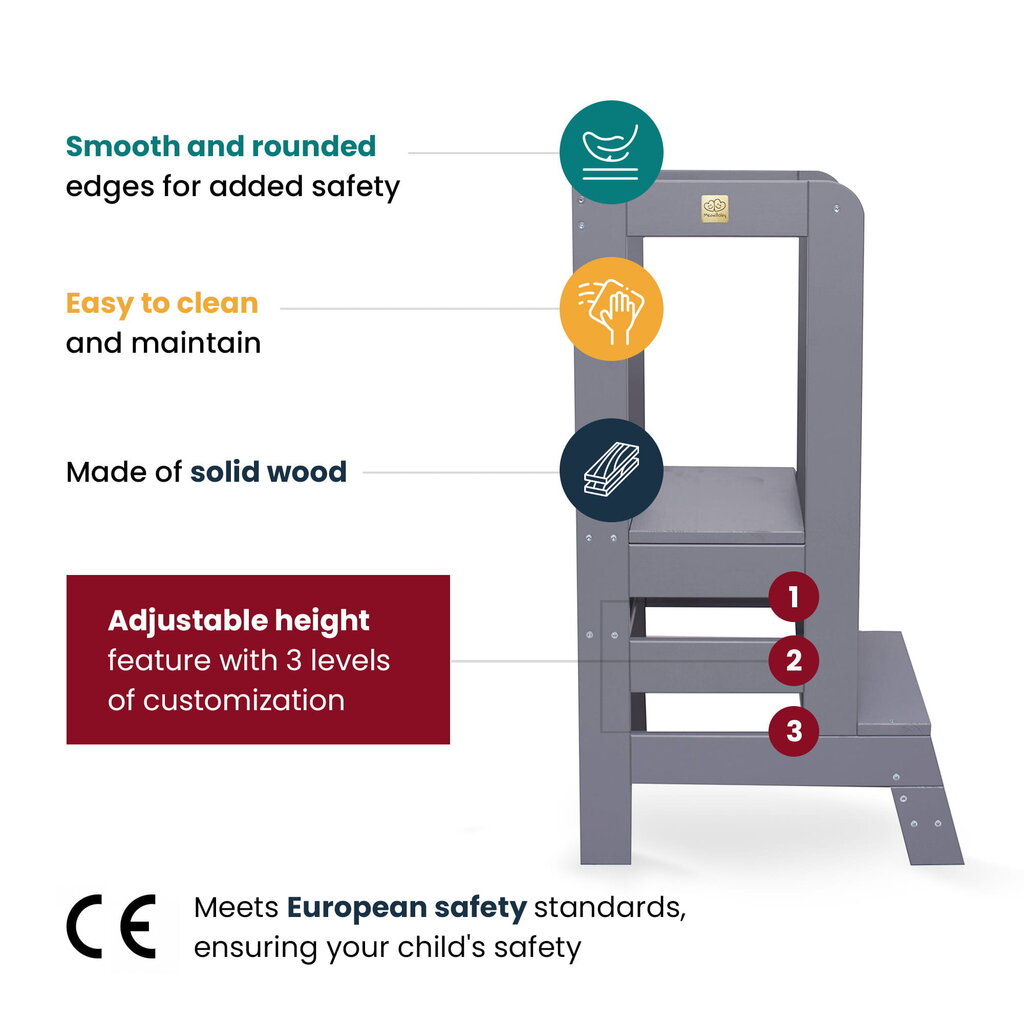 MeowBaby® Montessori virtuves palīgs koka mācību/skatu tornis, tumši pelēks cena un informācija | Bērnu krēsliņi un bērnu galdiņi | 220.lv