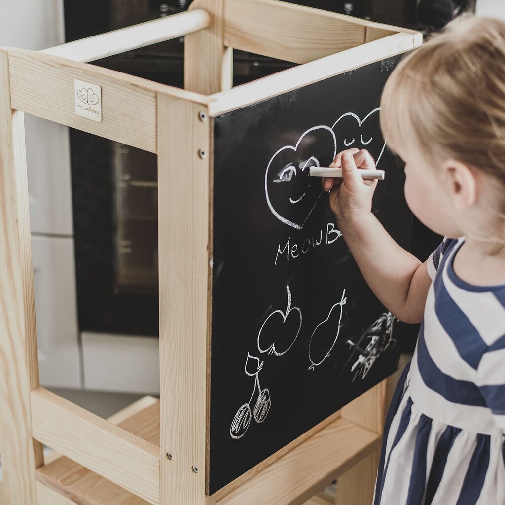 MeowBaby® koka Montessori mācību tornis, balts ar dabīgiem elementiem ar dēli cena un informācija | Bērnu krēsliņi un bērnu galdiņi | 220.lv