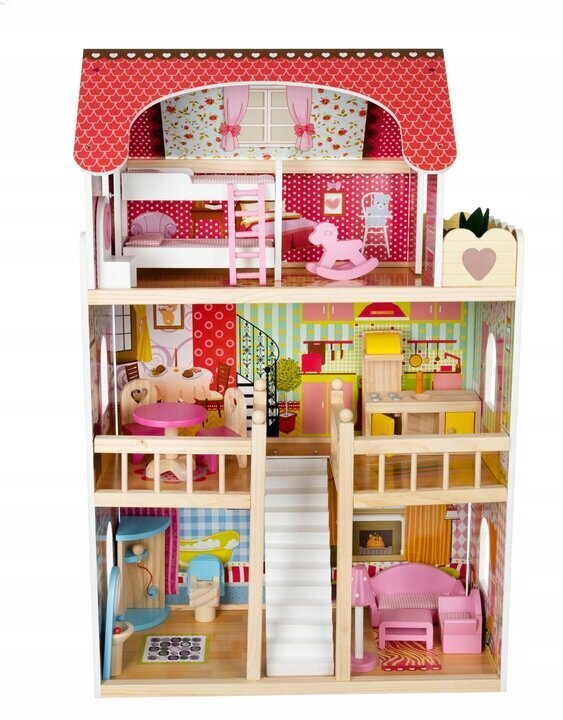 Koka leļļu māja ar mēbelēm un terasi, LED apgaismojums Kruzzel цена и информация | Rotaļlietas meitenēm | 220.lv