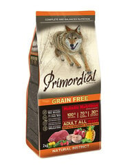 Primordial Grain Free Adult pieaugušiem suņiem ar bifeļiem un makreli 12 kg cena un informācija | Sausā barība suņiem | 220.lv