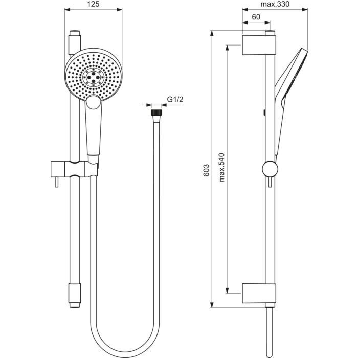 Ideāls standarta Idealrain EvoJET apaļš 3 F dušas galva 125 mm (8 l/min) un 600mm dušas statīvs ar metāla kronšteiniem, 1750mm dušas šļūtene, hroma B1761AA cena un informācija | Jaucējkrāni | 220.lv