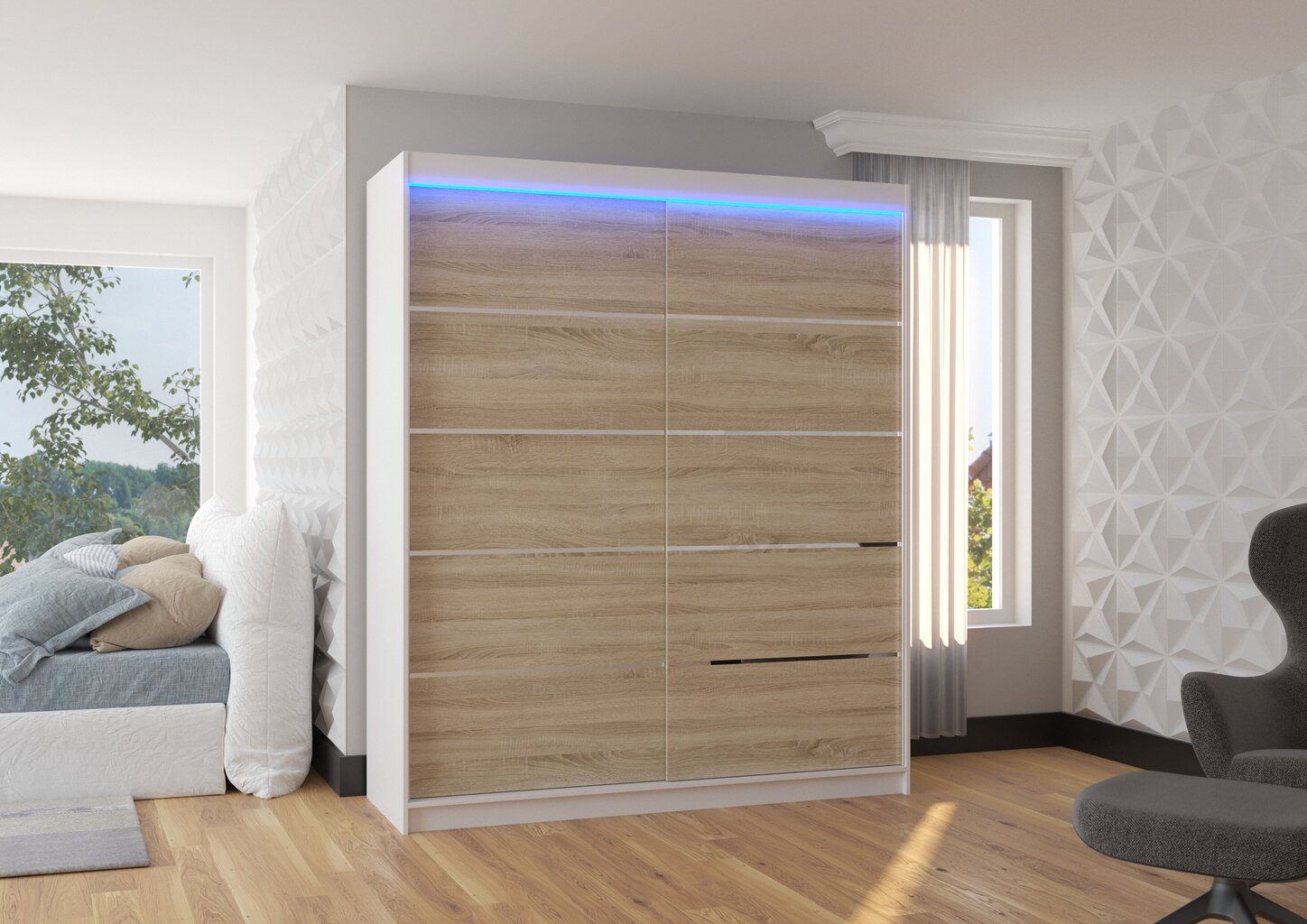 Skapis ADRK Furniture ar LED apgaismojumu Spectra 180, smilšu/balts cena un informācija | Skapji | 220.lv