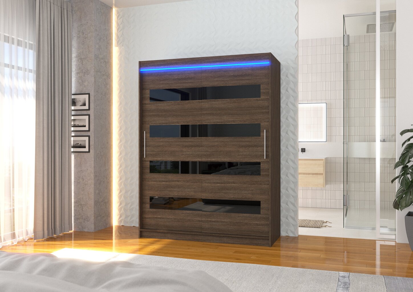 Skapis ADRK Furniture ar LED apgaismojumu Martinez 150, brūns/melns cena un informācija | Skapji | 220.lv