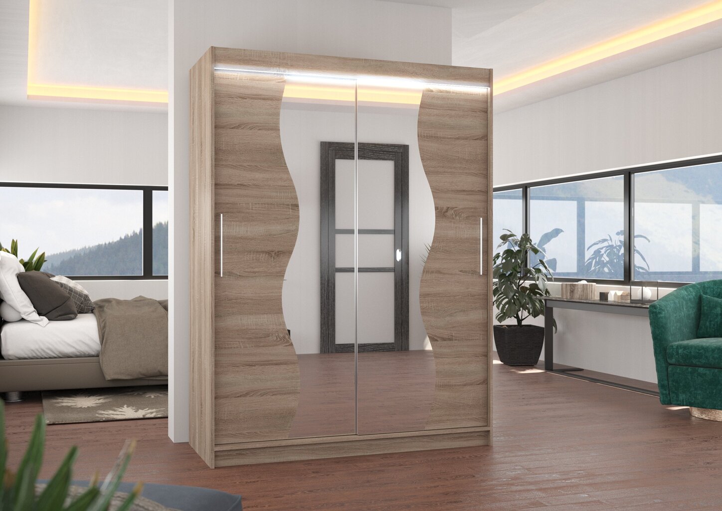 Skapis ADRK Furniture ar LED apgaismojumu Renzo 150, brūns cena un informācija | Skapji | 220.lv