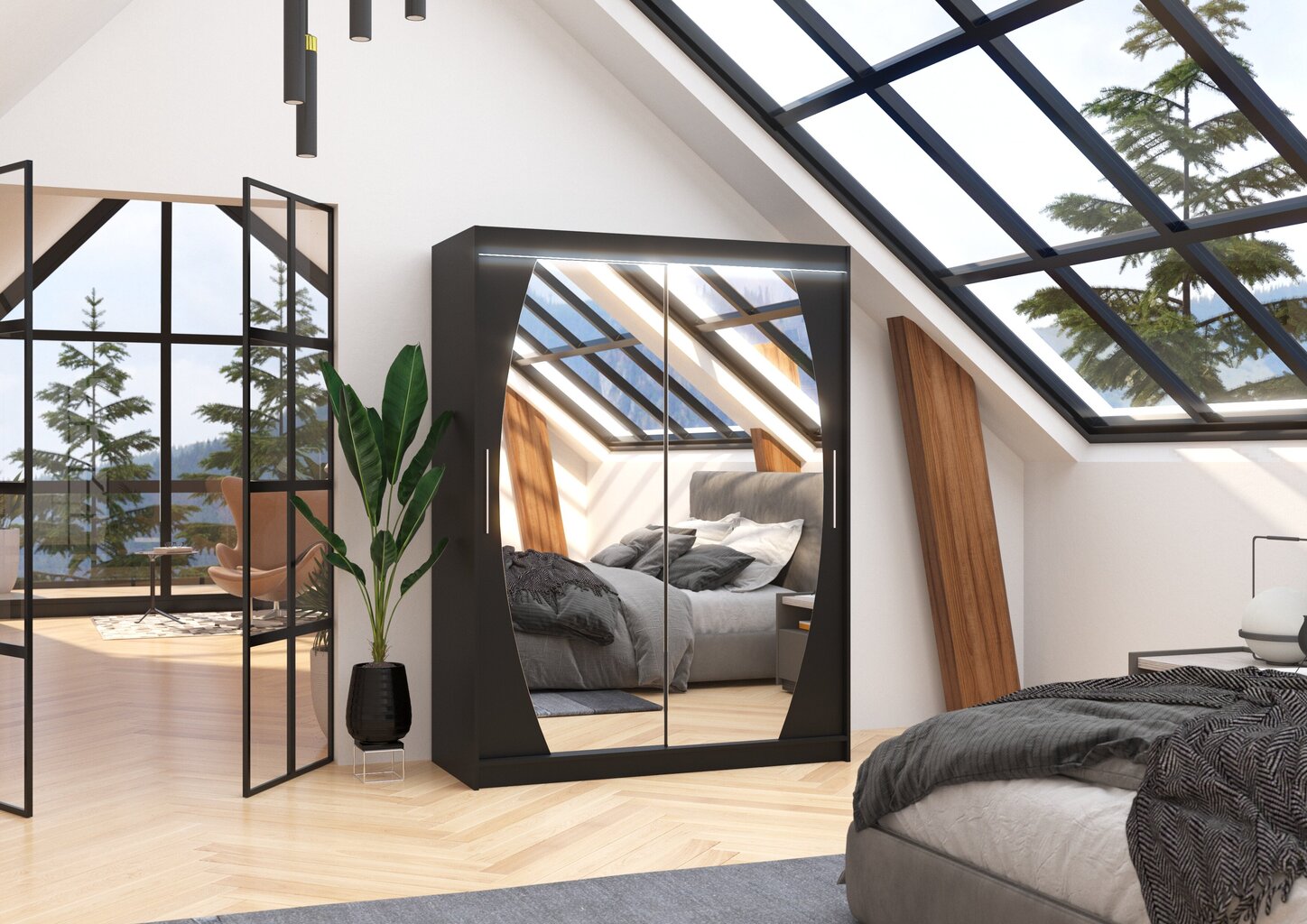 Skapis ADRK Furniture ar LED apgaismojumu Alen 150, melns cena un informācija | Skapji | 220.lv