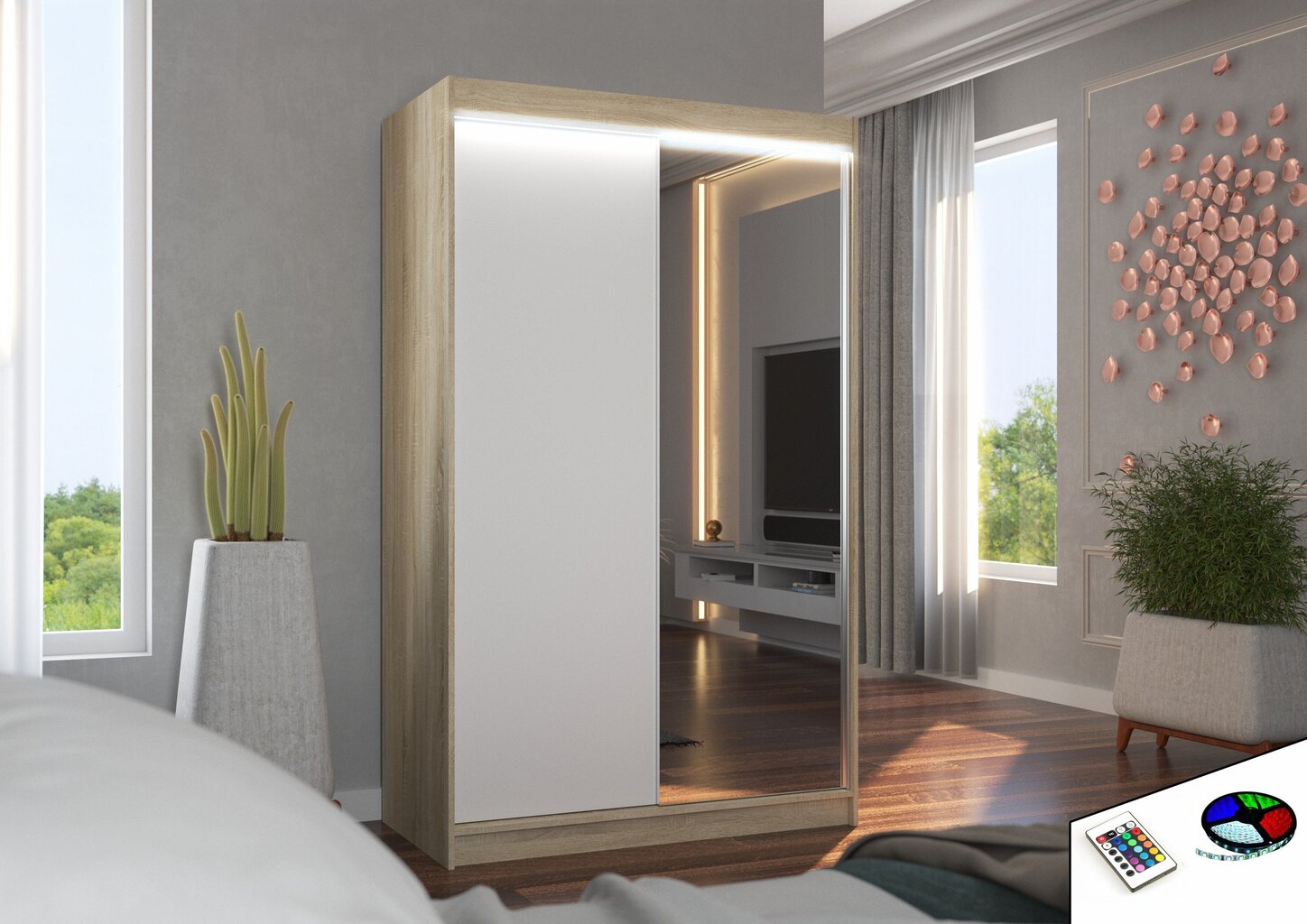 Skapis ADRK Furniture ar LED apgaismojumu Rewena 120, balts/smilšu cena un informācija | Skapji | 220.lv