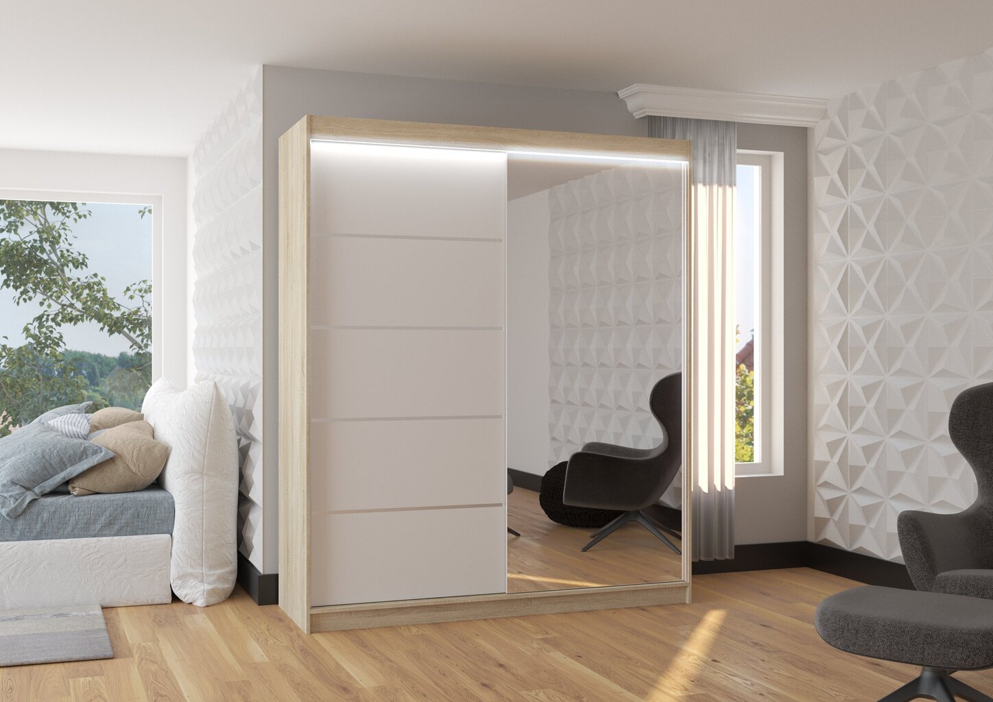 Skapis ADRK Furniture ar LED apgaismojumu Caro 180, balts/smilšu cena un informācija | Skapji | 220.lv