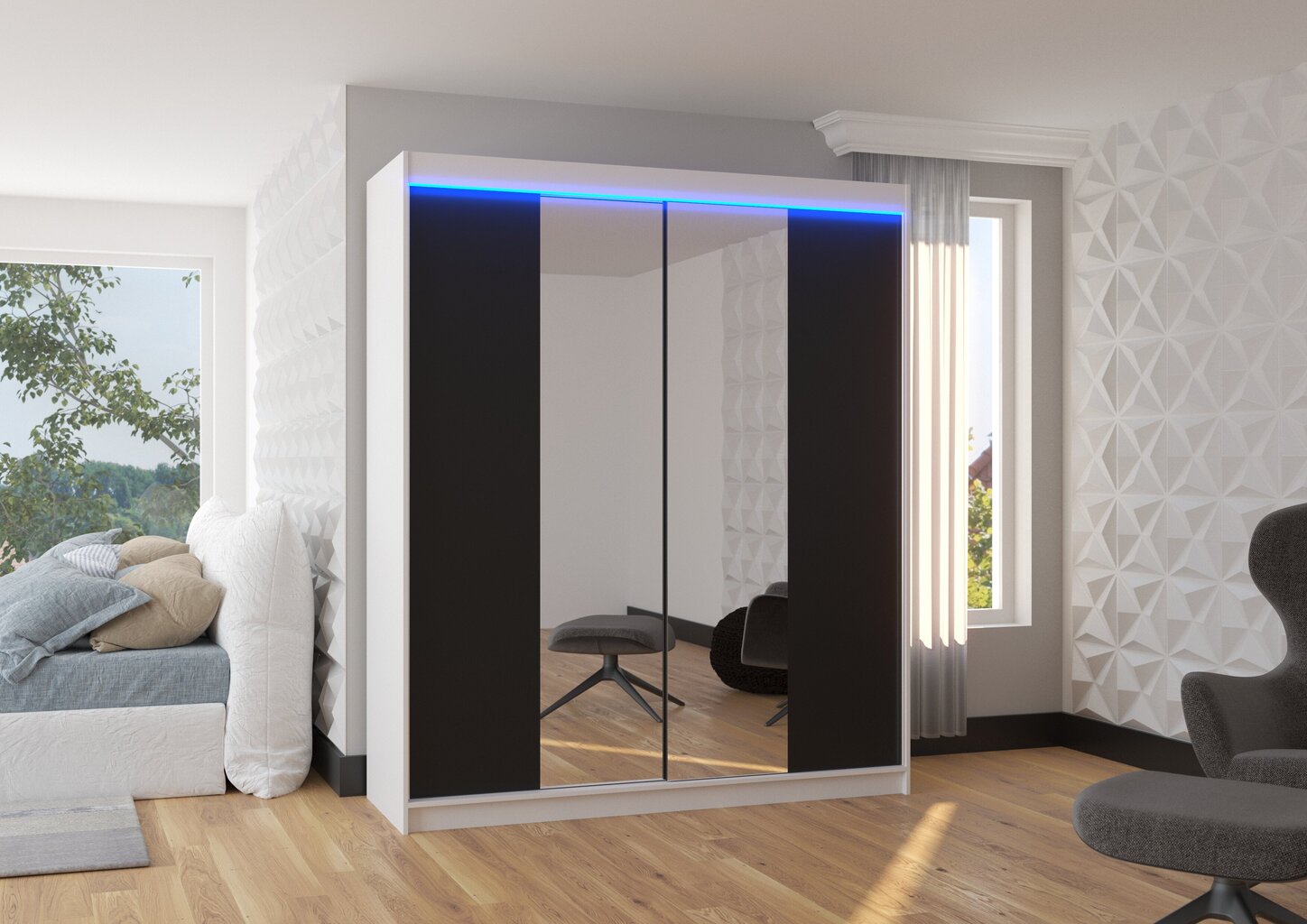 Skapis ADRK Furniture ar LED apgaismojumu Balance 180, melns/balts cena un informācija | Skapji | 220.lv